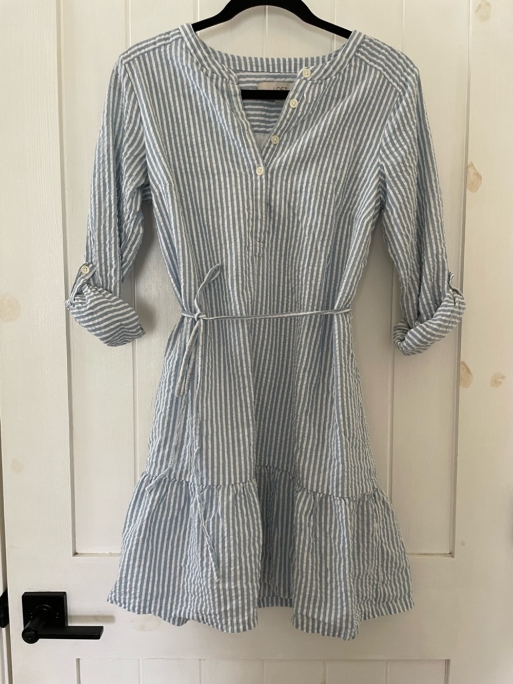 Beautiful LOFT Cotton Blue White Lined Striped Dress Size XS Long Sleeves